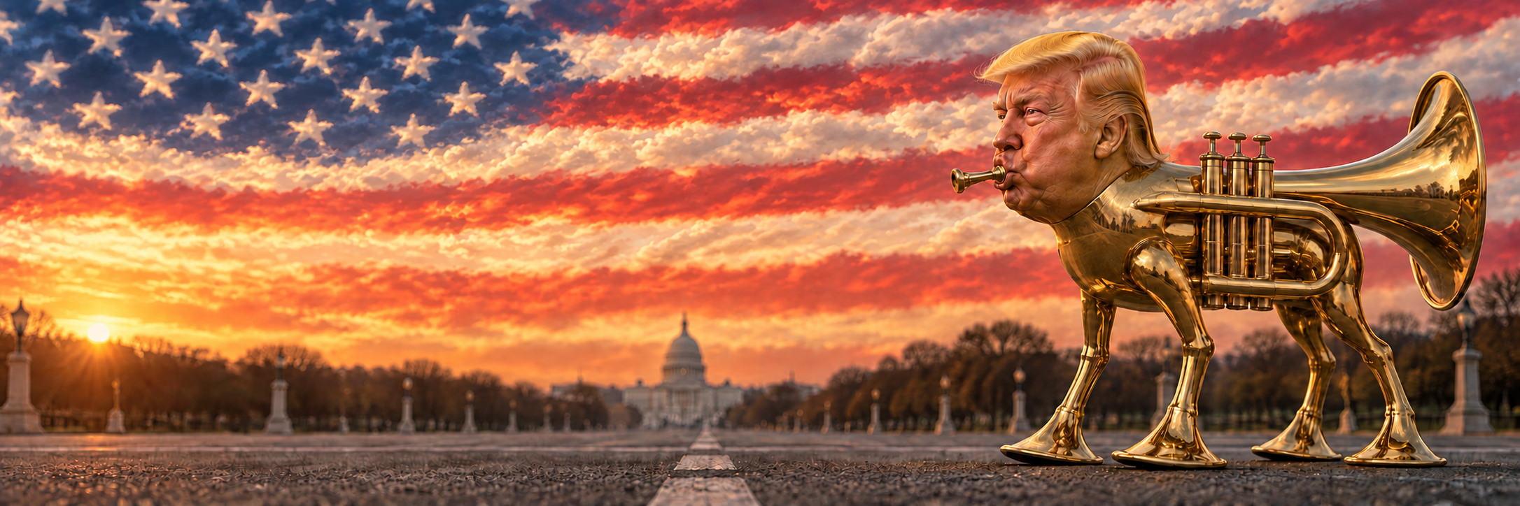 Donald Trump depicted as a golden trumpet beneath a dramatic American-flag sky
