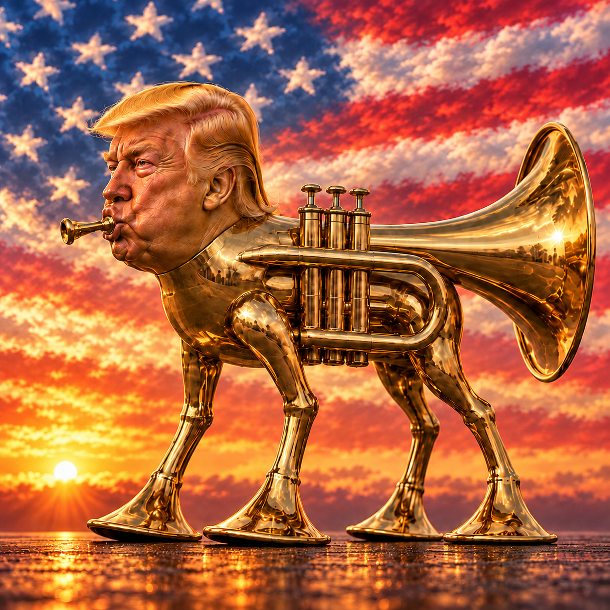 Donald Trump depicted as a golden trumpet beneath an American-flag sky
